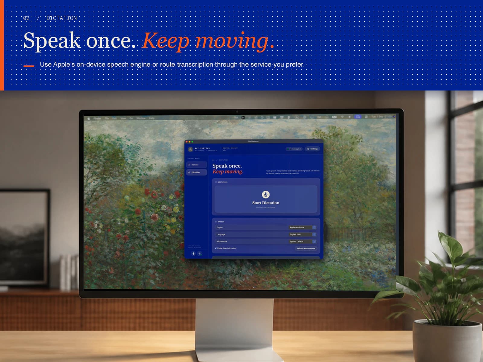 Rat Remote Dictation supports Apple on-device speech or a preferred transcription service