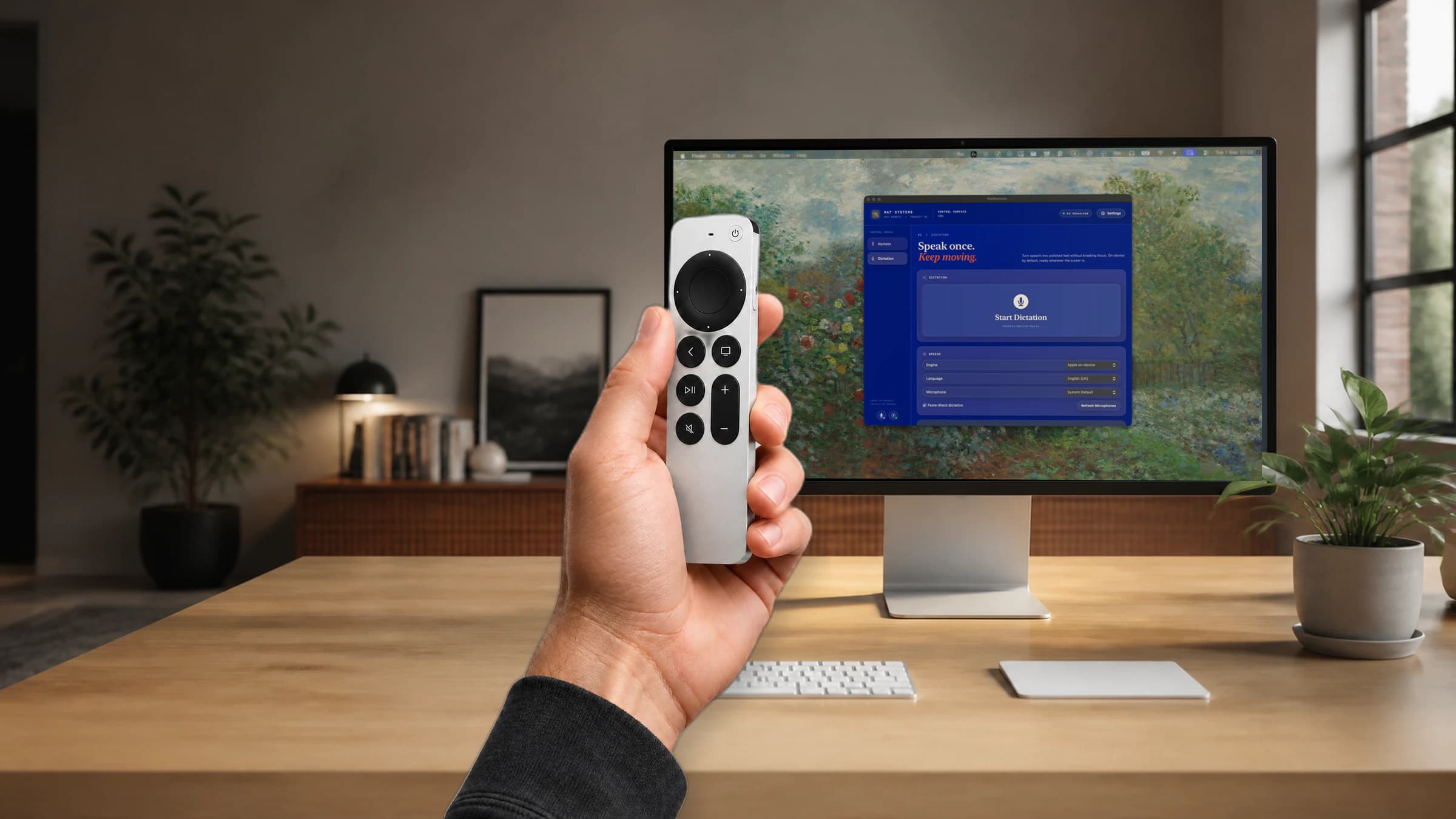 A person naturally holding a Siri Remote toward the complete Rat Remote window on a real macOS desktop