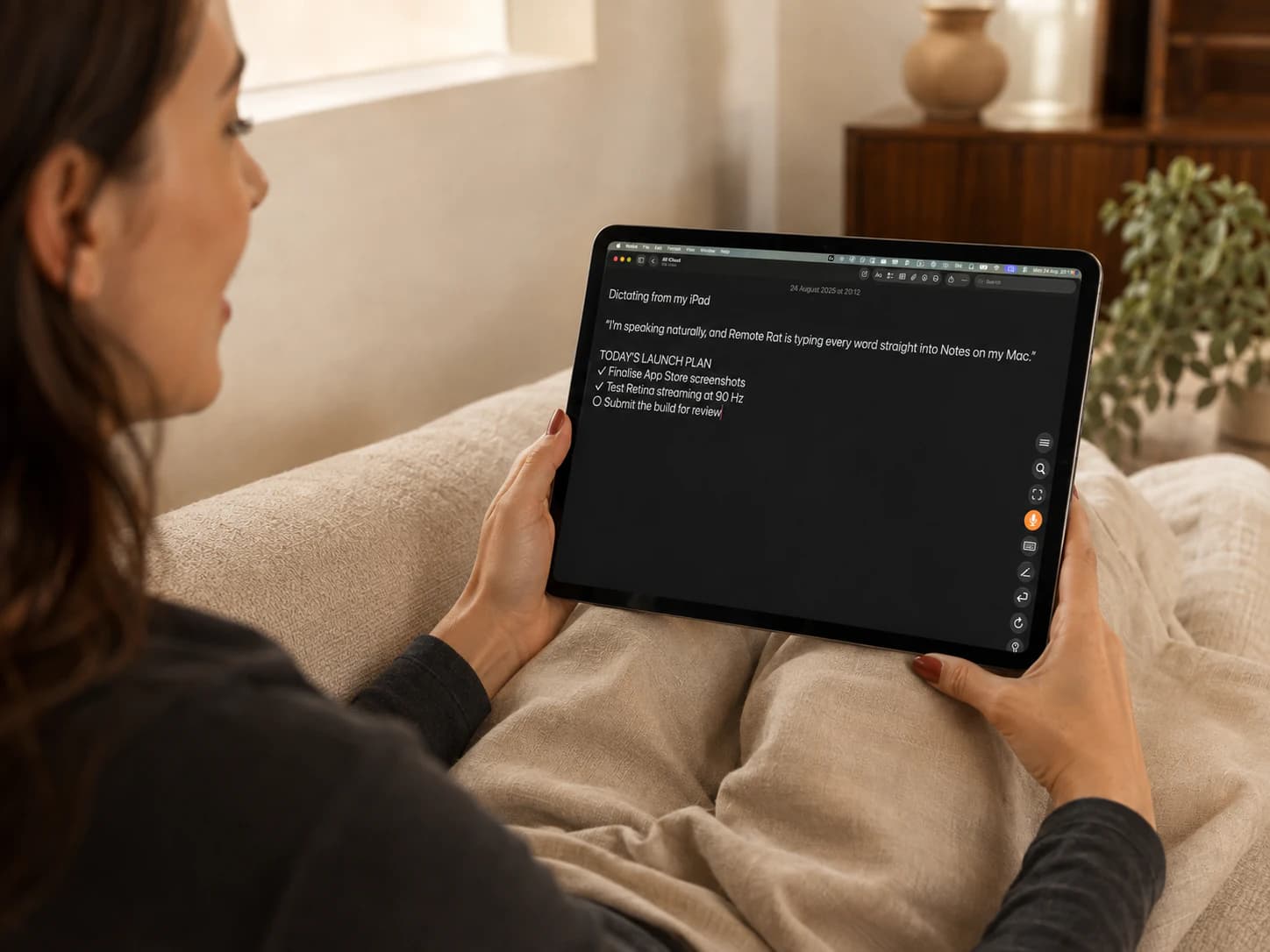 A woman speaking while holding an iPad with dictation active in Mac Notes