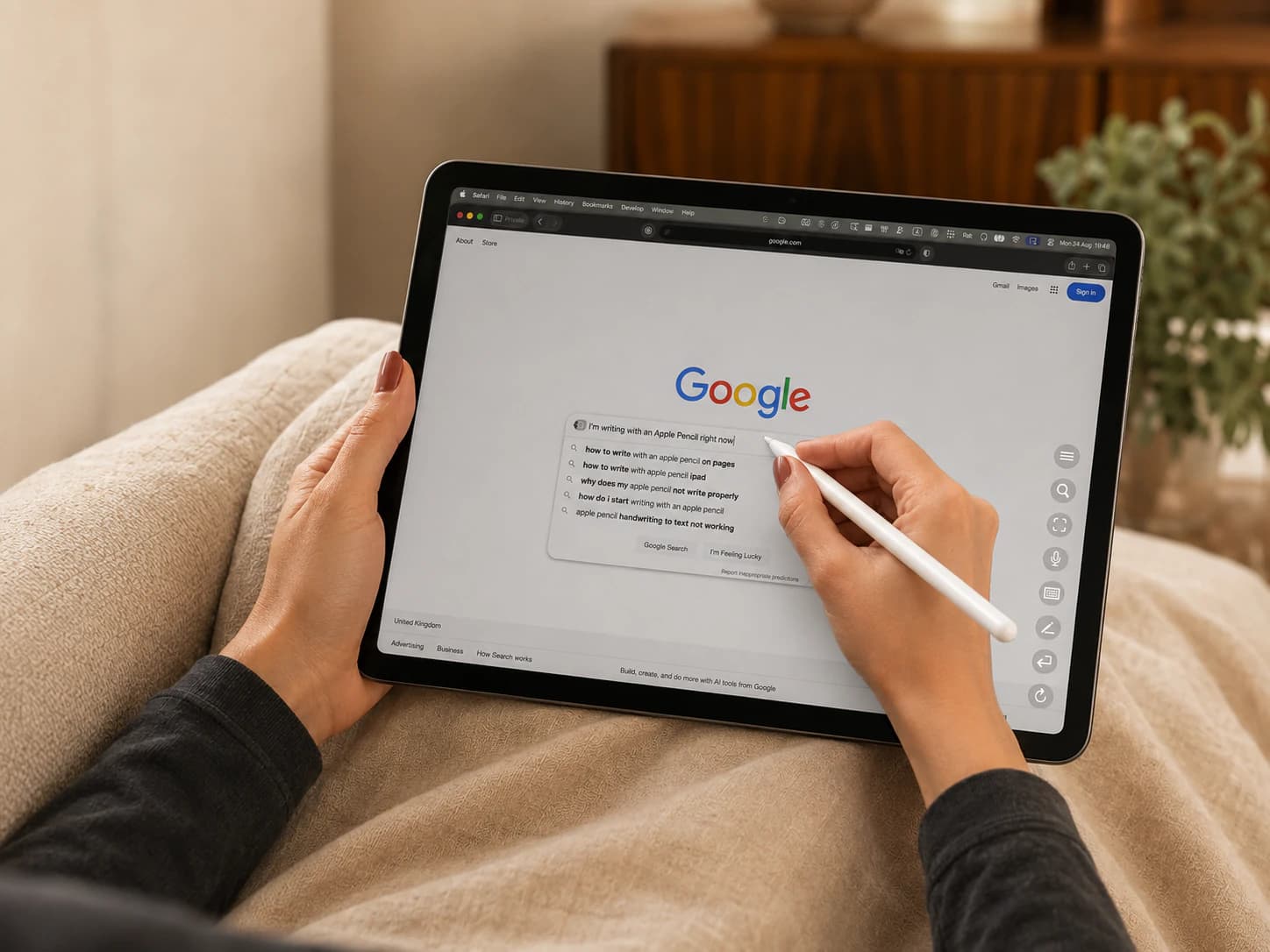 A woman using Apple Pencil on an iPad resting in her lap