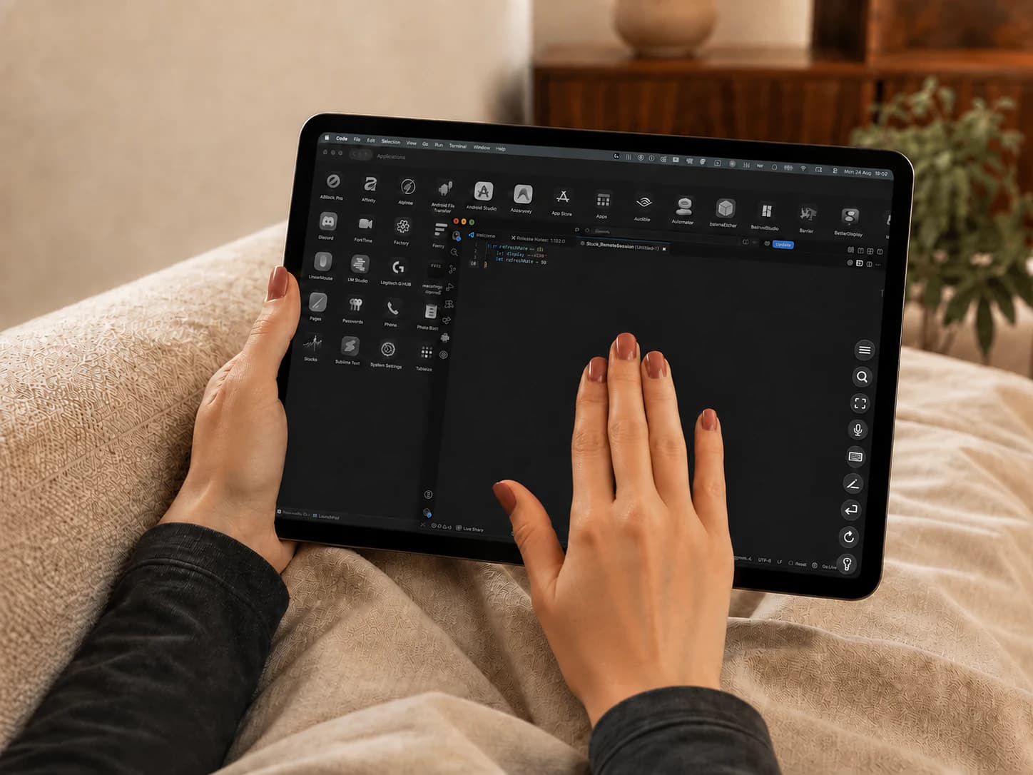 A woman making a three-finger gesture on an iPad, with outward arrows illustrating the VS Code window expanding to full screen