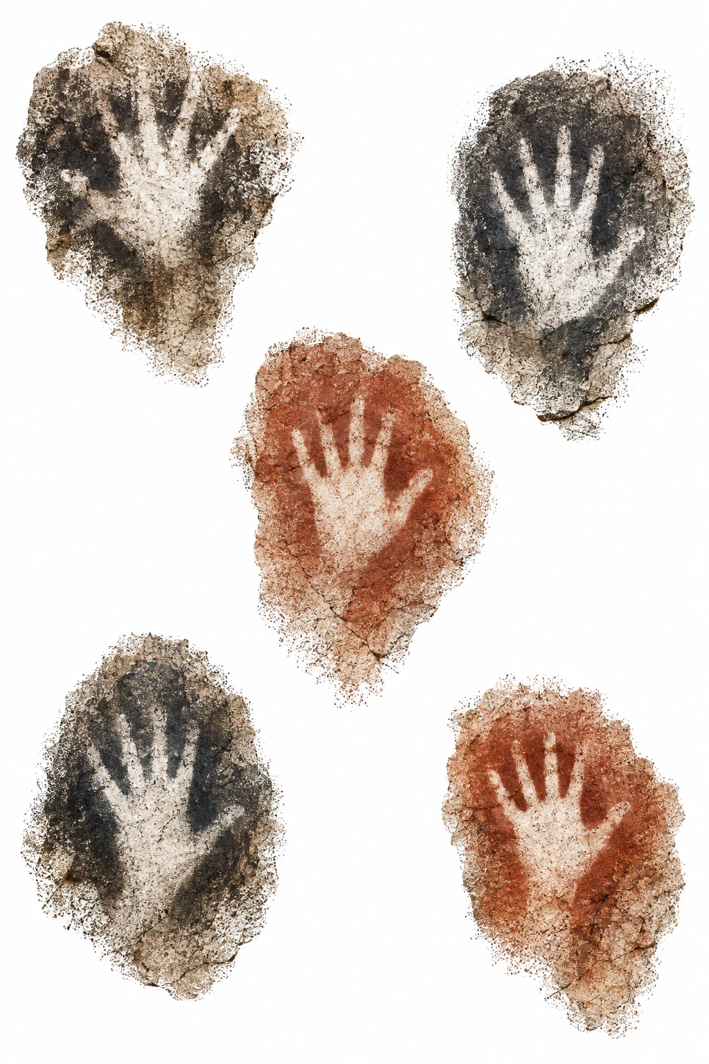 Scattered cave-painting hand stencils in charcoal and ochre